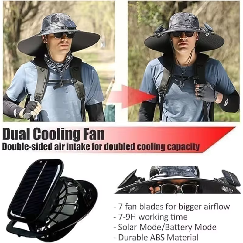 Integrált napelemes ventilátorral ellátott kalap 